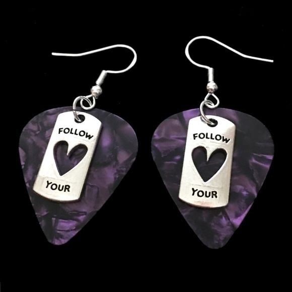 HAND Crafted Earrings Repurposed Guitar Picks Follow Your Heart Amethyst - Picture 1 of 7